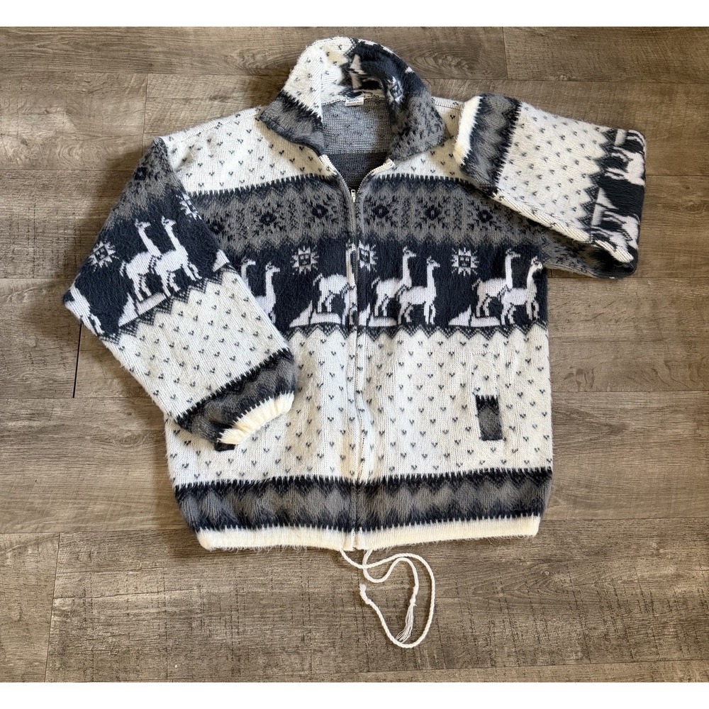 Yari Artesanias Alpaca Wool Hoodie Zip Up Sweater Llama Snowflakes Black XL
